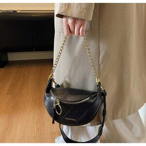 Black Faux Leather Chain Accent Handbag